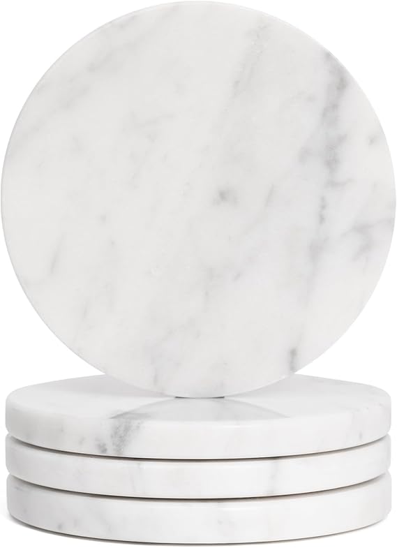 Set of 4 White Drink Coasters, 4-Inch Exquisite Marble Stone Coasters, Natural Stone Design, Perfect for housewarmings, Anniversaries, and Office Decor, While Helping Protect countertops