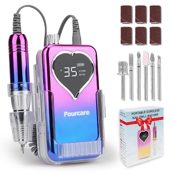 Rechargeable Nail Drill 35000RPM Electric Nail File for Acrylic & Gel Long Lasting Battery 6pcs Polishing Tools and Sanding Bands Kit Portable for Home Salon and Travel - Sunset Blue