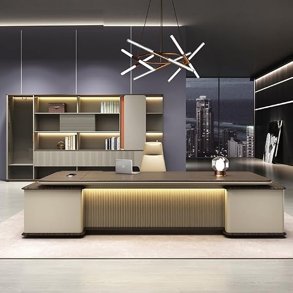 Modern Luxury L-Shape Executive Desk with Light Strip, L-Shape Writing Desks Boss Table Home Office Furniture with File Cabinet Storage Drawers, Computer Desk for Home Office