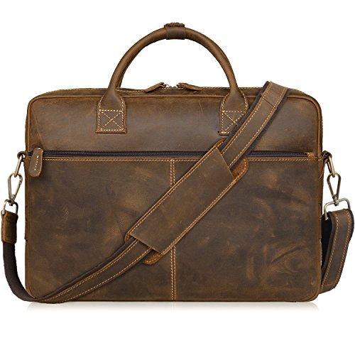 Jack&Chris Leather Messenger Bag for Men, Brown Leather Briefcase Mens Vintage 14 inch Leather Laptop Bag Computer School Distressed Bag