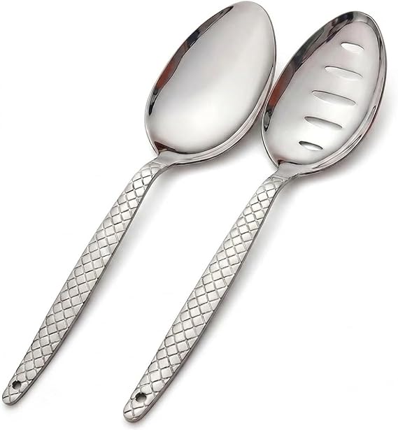 2-Pack Chef Kunz Spoon | 18/10 Silver Stainless Steel Serving Sauce Spoon | 9 inch Basting, Quenelle, Cooking,Plating, Dinner Chef Spoons with Non-Slip Grip