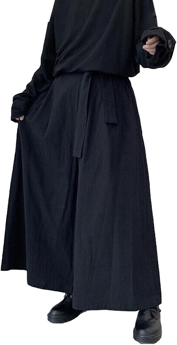 GK-O Mens Pants Retro Loose Gothic Japanese Hakama Wide Leg | High waisted loose fit drawstring pocket trousers made of premium polyester comfortable retro Japanese hakama style pants