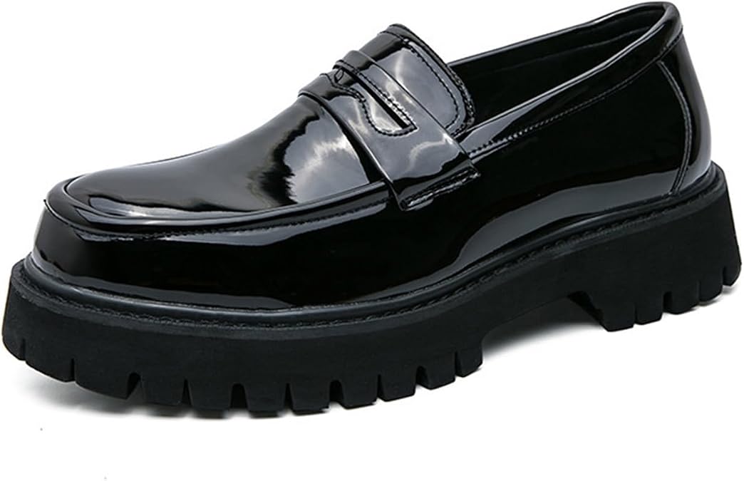 Men's Black Leather Platform Chunky Slip-On Penny Loafers Classic Round Toe Lug Sole Fashion Business Casual Formal Work Shoes