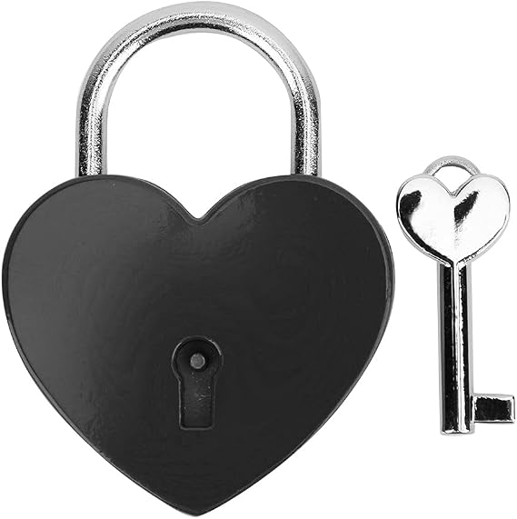 Treasure Chest Padlock, Heart Shaped Metal Lock Colorful Diary Book Security Padlock with Key for Jewelry Box Purse Handbag Cabinet Lockers Letter Box (Black)