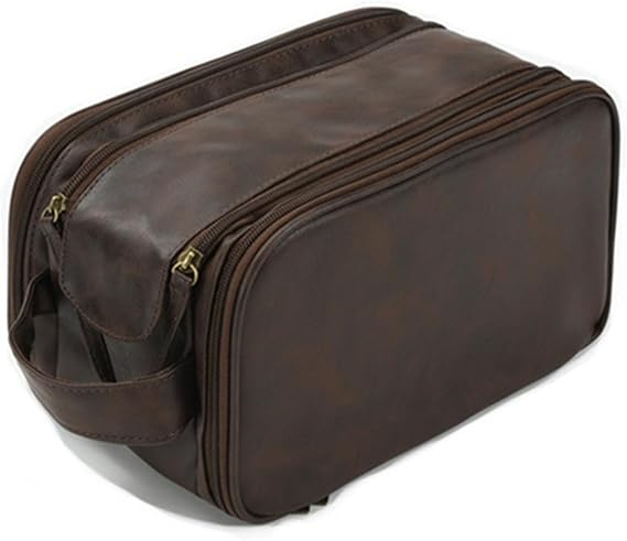 Toiletry Bag for Men Women,PU Leather Vintage Travel Pouch,Toiletry Travel Dopp Kit,Large Shaving Cosmetic Bag,Fully Lined with Cotton Fabric Coffee