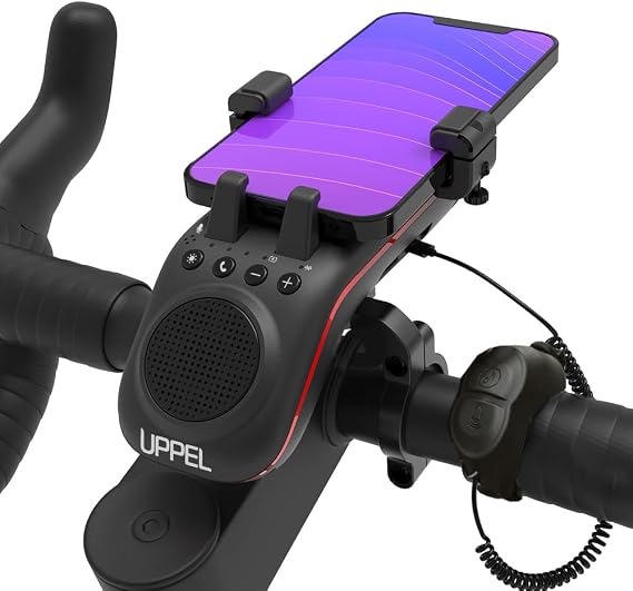 UPPEL Bicycle Bluetooth Speaker, Multifunctional Bike Phone Holder 10-in-1- LED Light - Bike Horn - Microphone - Ideal for Road & Mountain Bike - Extreme & Casual Cycling