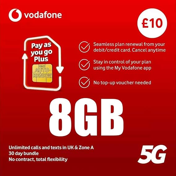 Vodafone Pay As You Go Plus SIM, 8GB Data, Unlimited UK Calls & Texts, 30 Days, 5G