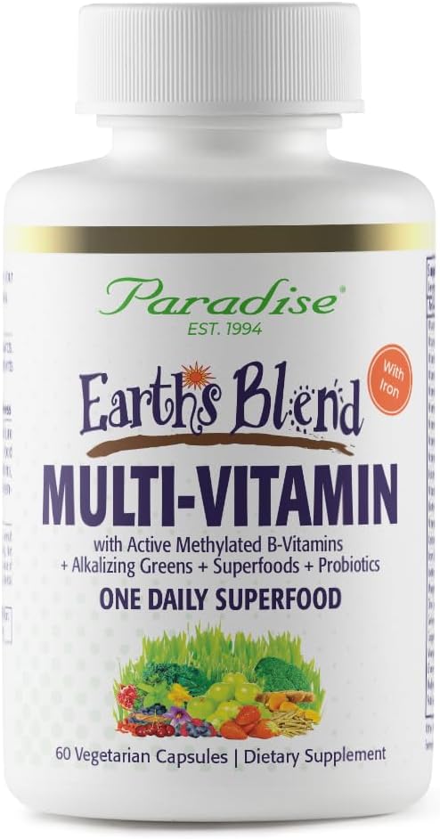 Paradise Herbs Earths Blend Once Daily Multivitamin with Iron, 48 Organic Superfoods, Probiotics, Antioxidants, Vitamins A, B12, C, D, K2, 60 Capsules