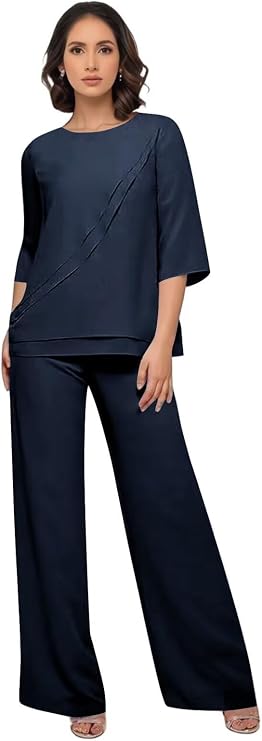 Chiffon Mother of The Bride Pant Suits for Wedding 2 Piece Pant Suit 3/4 Sleeves Formal Wedding Guest Outfits