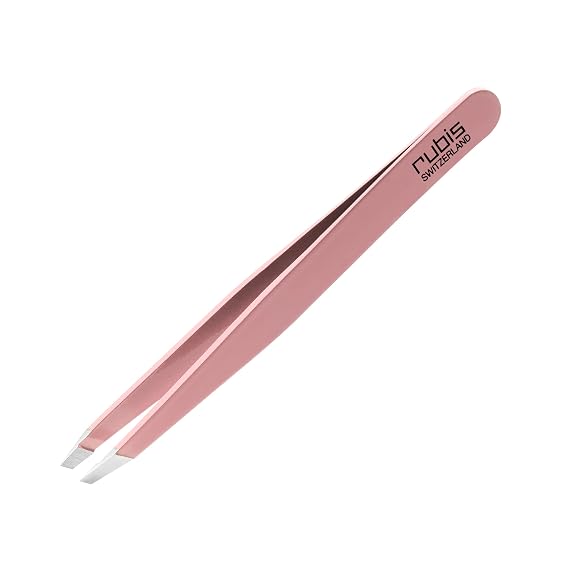 Rubis Classic Stainless Steel Slanted Tweezers for Precise Eyebrows and Hair Removal, 1K108, Pink,Rubis Switzerland Swiss Made World Renowned Precision