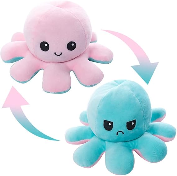 Plush Octopus Double-Sided Reversible 7.9 inches 20 cm Reversible Doll with Angry and Laughing Faces Fun 7.9 inches 20 cm Sky Blue & Pink