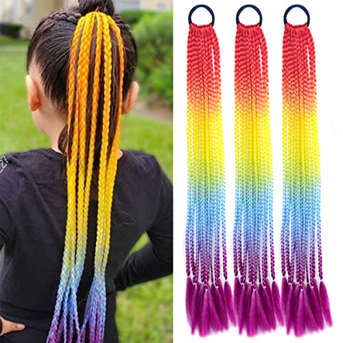 Colored Braids Hair Extensions with Rubber Bands Rainbow Braided Synthetic Hairpieces Ponytail Hair Accessories False Overhead Tail for Girls 24 inches Straight Hair Synthetic Hairpieces in the Party