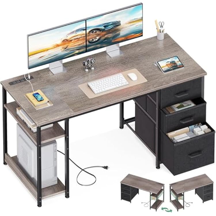 AODK 51 Inch Computer Desk with Fabric Drawers & USB Power Outlets - Reversible Home Office Desk with Storage Shelves, Work from Home, Modern WorkWritingStudy Table for Bedroom, Grey Oak