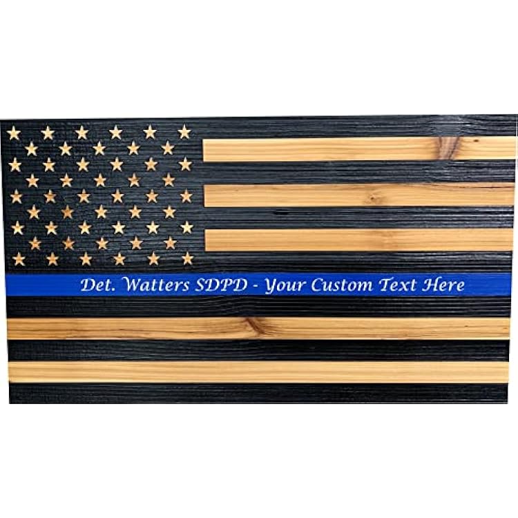 Bellewood Designs Customizable Wood Blue Line American Flag Wall Decor 18.5 x 10.5 Police Officer Wall Plaque for Graduates, Retiring Police, Honoring Years of Service Personalized American Flag in Four Styles Blue Line