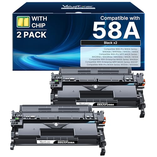 CF258A Toner Cartridge with Chip Compatible for HP 58A Toner Cartridge Black for HP 58X CF258A CF258X Work with HP Laserjet Pro MFP M428fdw M404dn M404n M404dw M428fdn M430f M406dn Printer 2 Black