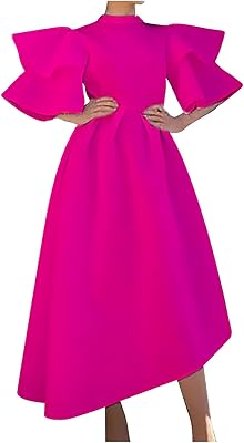 Women Fashion Swing Dress Candy Color Round Neck High Waist Short Puff Sleeve Tiered Ruffled Midi Dress Party Dress