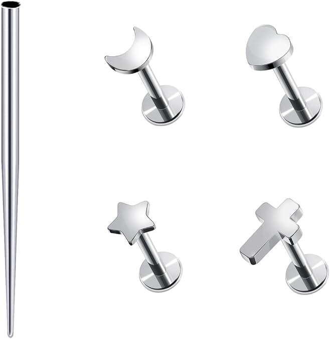 16G G23 Titanium Lip Ring Lip Studs Labret Rings Flat Back Cartilage Helix Tragus Nose Piercing Earring Studs with Internally Threaded Pin Insertion Pin for Women Men