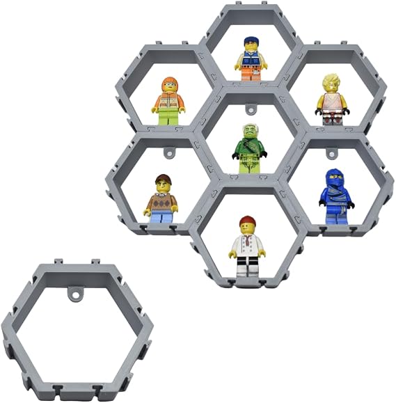Hexagon Wall Display Compatible with Lego Figures | Customize & Display Figures on Wall | Interlocking Hex Blocks | Made in USA (14-Pack Grey)