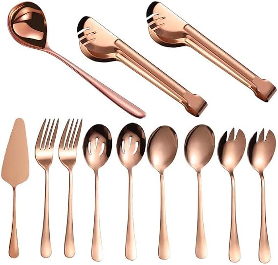 12 Pieces Serving Flatware Set Food Tongs Forks Dinner Spoons Ladle Slotted Spoons Salad Sporks Cake Server Stainless Steel - Rosegold