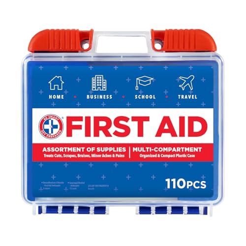 Be Smart Get Prepared 110 pc First Aid Kit: Clean, Treat, Protect Minor Cuts, Home, Office, Car, School, Business, Travel, Emergency, Outdoor, Camping & Sports, FSAHSA Packaging may vary