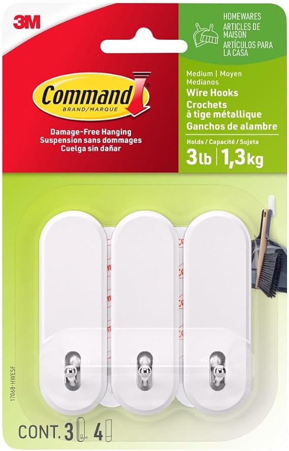 Command Wire Hooks, Medium, White, 3 Hooks, 4 Strips