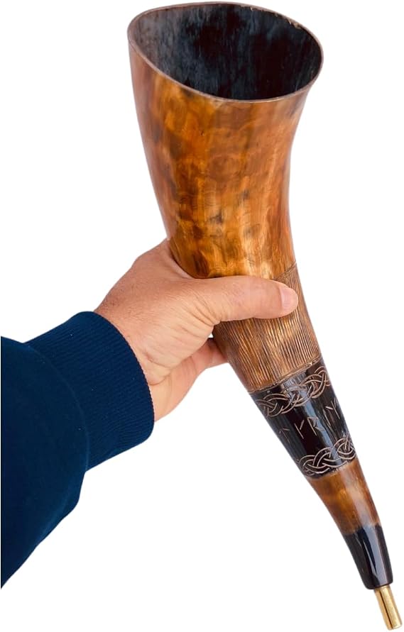 Viking War Blowing Horn Genuine Bovine Battle Trumpet Shofar - Hand Engraved, Easy and Clear Sound, Viking Gift for Men and Women (Brass Horn 15")
