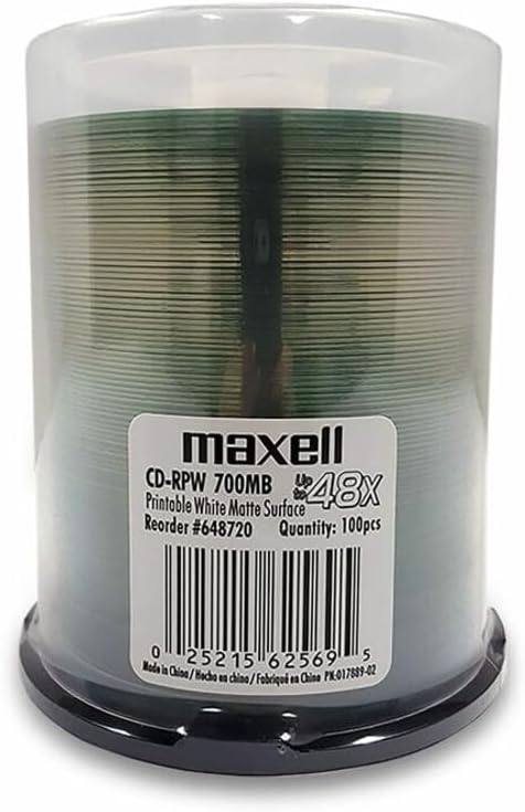 Maxell 648720 Premium Quality Recording Surface 48x Write Speed 700Mb Printable White Matte Disc 100 Pack with | Printable white matte surface for custom labeling - premium recording surface, 700MB/80min storage, made in Taiwan