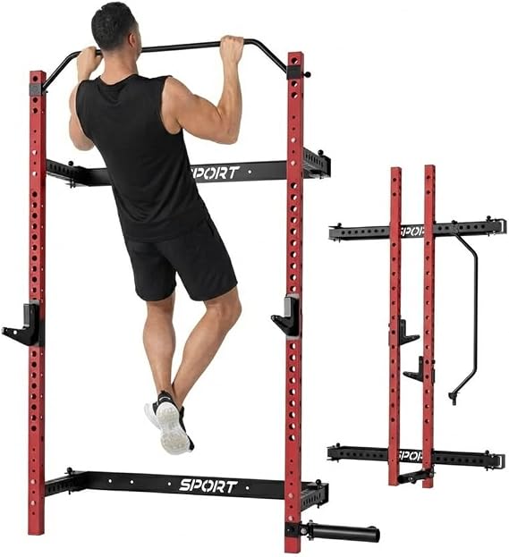 Folding Squat Rack for Home Gym 1000 LBS Capacity Wall Mounted Power Rack with Pull-Up Bar, j-Hooks & Landmine | 2.36" x 2.36" Heavy-Duty Steel, Space-Saving Foldable Squat Cage for Home Garage
