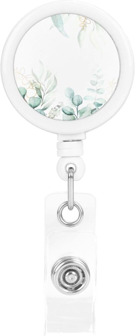 Green Eucalyptus Badge Reel Retractable Badge Holder with Alligator Clip Cute Badge Clip on ID Name Card Holders for Office Worker Doctor Nurse Badge Reel Name Decorative