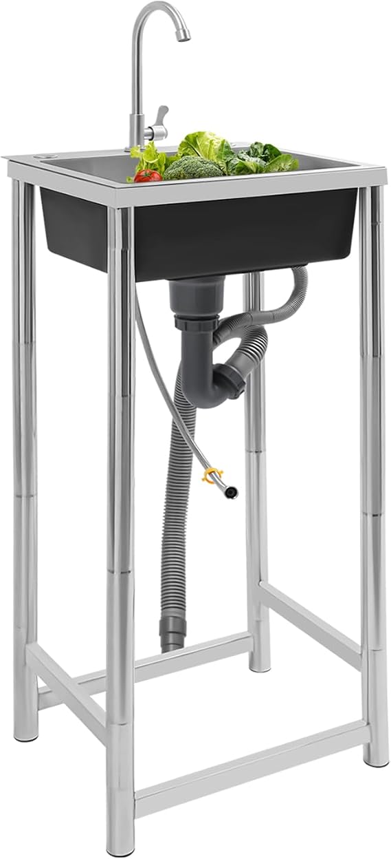 Stainless Steel Utility Sink Free Standing Single Bowl Kitchen Sink with Faucet for Kitchen, Restaurant, Garage, Outdoor, Laundry Room, 17.7''L x 16''W
