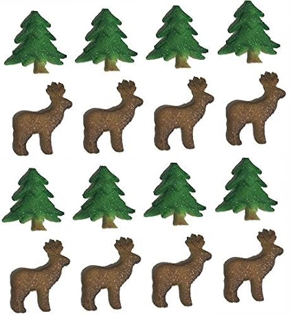 Green Tree and Deer Sugar Decorations for Cakes and Cupcakes 12count
