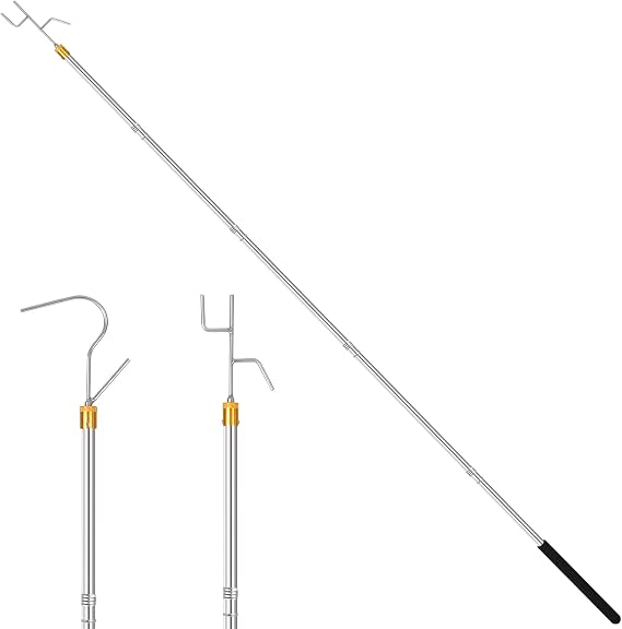 Clothes Hook Pole,29-71" Adjustable Extension Clothing Hook Pole(Two Hooks) | Closet Hook Pole, For Clothes Hanger Rod, Christmas Lights, Hanging Flower Pots, Bird Feeders, Tent, Shelter, Camper & Canopy