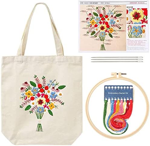 Namvo Canvas Tote Bag Embroidery Kit with Pattern and Instructions, Include Embroidery Bag with Flower Pattern, Bamboo Embroidery Hoops, Color Threads and Tool
