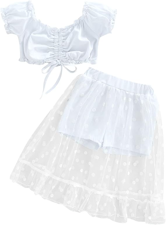 Baby Girl Puff Sleeve Drawstring Crop Tops + Dotted Mesh Skirt Shorts Sets