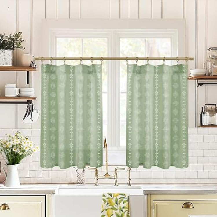 Short Curtains for Windows Bathroom Bedroom,Green Boho Cute Aesthetic Farmhouse Sheer RV Window Curtains