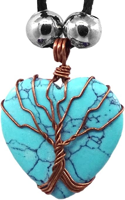 Mia Jewel Shop Tree of Life Copper Metal Wire Wrapped Heart Shaped Healing Gemstone Crystal Cabochon Pendant Adjustable Necklace - Womens Fashion Handmade Jewelry Boho Accessories