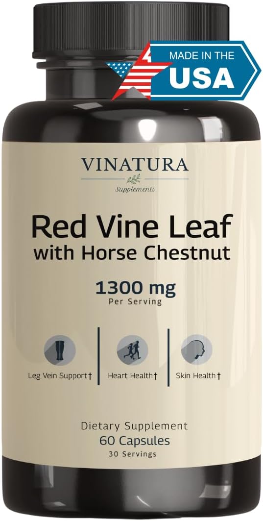 VINATURA Red Vine Leaf Extract - Horse Chestnut, 1300mg/serving, Circulation and Vein Support for Healthy Legs - Helps Blood Flow, Leg Circulation - 60 Capsules (30 Servings)