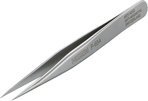 Hozan P-654 Precision Tweezers, Completely Non-Magnetic, Total Length: 3.5 inches (90 mm), Opening Width: 0.2 inches (6 mm), Tip Width: 0.01 inches (0.2 mm), Short Type