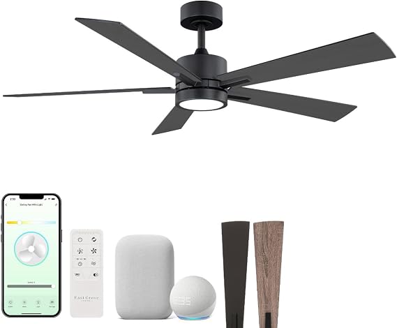 Bali 52in 5-Blade Smart Indoor or Outdoor Ceiling Fan 2700K-6000K CCT Tunable Range LED Light Kit in Matte Black with Reversible Black and Weathered Wood Blades Works With iOS or Android App