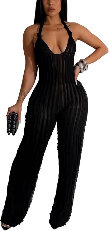 Adogirl Summer Sexy Halter Jumpsuits for Women V Neck Tie Knot Pleated Boho One Piece Wide Leg Long Pants Jumpsuit Romper