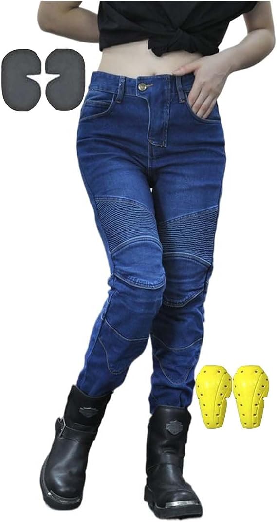 Women Motorcycle Pants Motorbike Biker Denim Jeans Removable CE Armor (Knee, Hips) Elastic(Large)