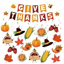 jijAcraft GIVE THANKS Banner Thanksgiving Decorations - Pre-Assembled Hanging Swirl, Thanksgiving Banner Indoor, Party Decor for Wall, Ceiling, Mantel, Home, Classroom, Office