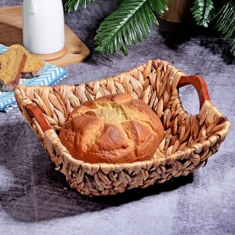 Kosovo Wicker Series Square Wooden Handle Wicker Bread Basket with Cloth