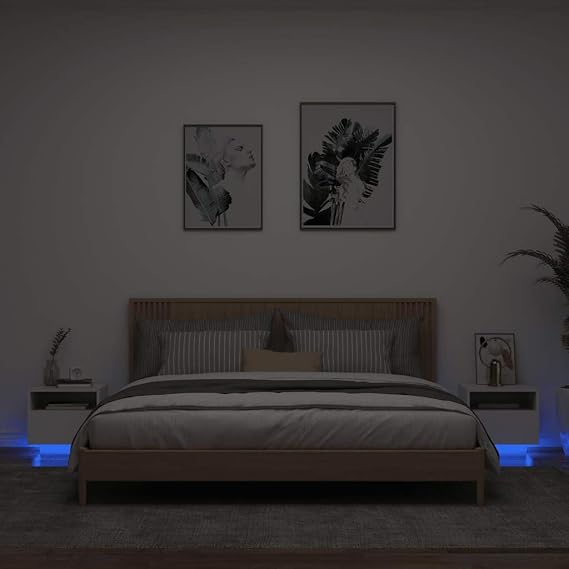 Bedside Cabinets with LED Lights, Set of 2 White Nightstands with RGB Lighting, Modern Storage Tables for Bedroom, Engineered Wood Bedside Tables, 40x39x37 cm