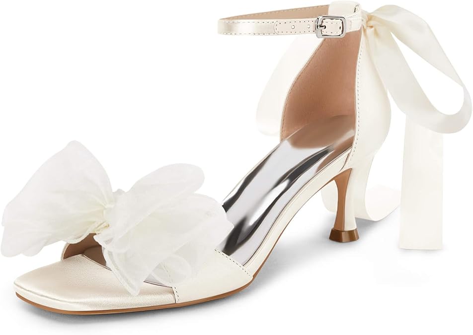 Coutgo Womens Bow Kitten Heels Sandals Square Open Toe Satin Dress Shoes