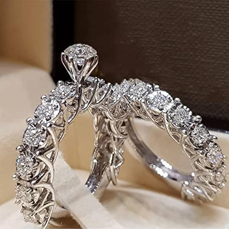 925 Sterling Silver Shiny Full Diamond Gemstone Ring Cubic Zirconia Rings CZ Diamond Ring Double Ring Eternity Engagement Wedding Band Ring for Women US Code 6