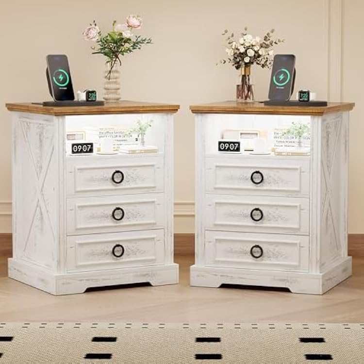 Night Stands with 3 Drawers, Smart nightstand with Charging Station, Farmhouse End Side Table with LED Light & Human Sensor and Open Storage for Bedroom, White