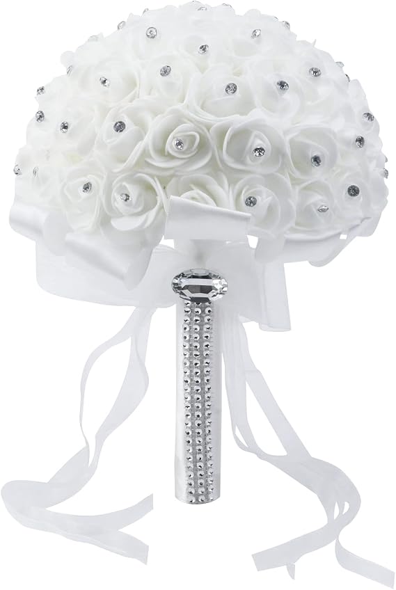 Antrader 7.5inches White Rhinestone Ribbon Bridal Bouquet for Wedding | Artificial Silk Wedding Holding Flower,Bling Crystal Decor Bride Rose Bouquet