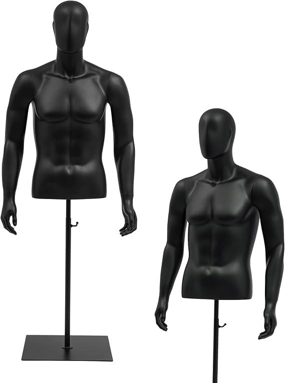 Male Mannequin Torso Dress Form, Detachable Arms Sewing Dress Model Mannequin, M-annequin Display with Metal Stand, 4.27-6.56FT Height Adjustable, for Clothing Retail Sewing Shop, Black