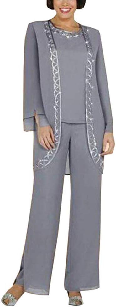 Women's Chiffon 3 Pcs Pant Suits Plus Size Mother of The Bride Dress Formal Suit with Long Sleeves Jacket